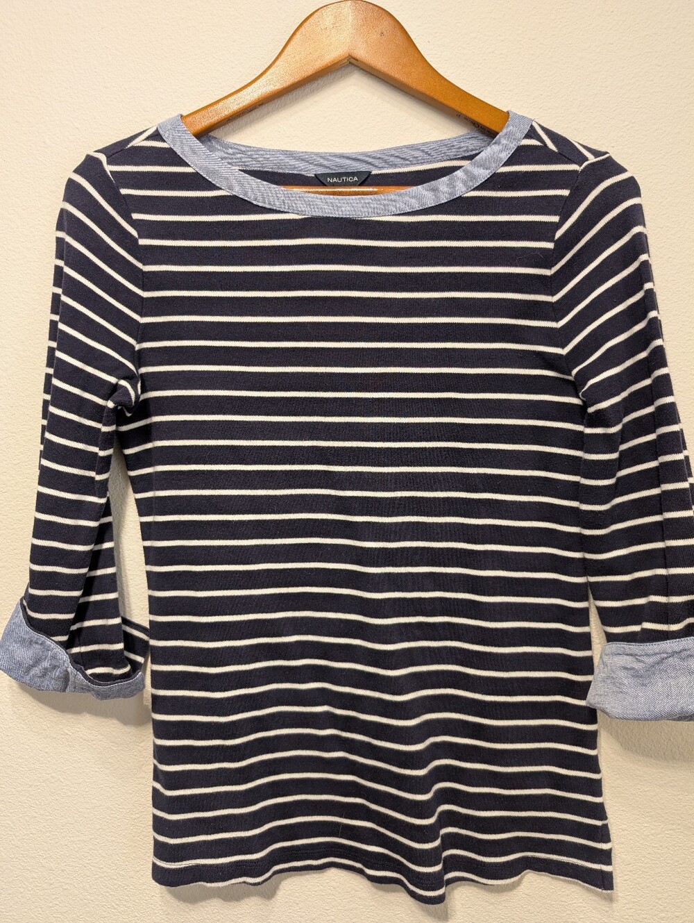 Nautica Navy & White Striped Boatneck Long Sleeve Top